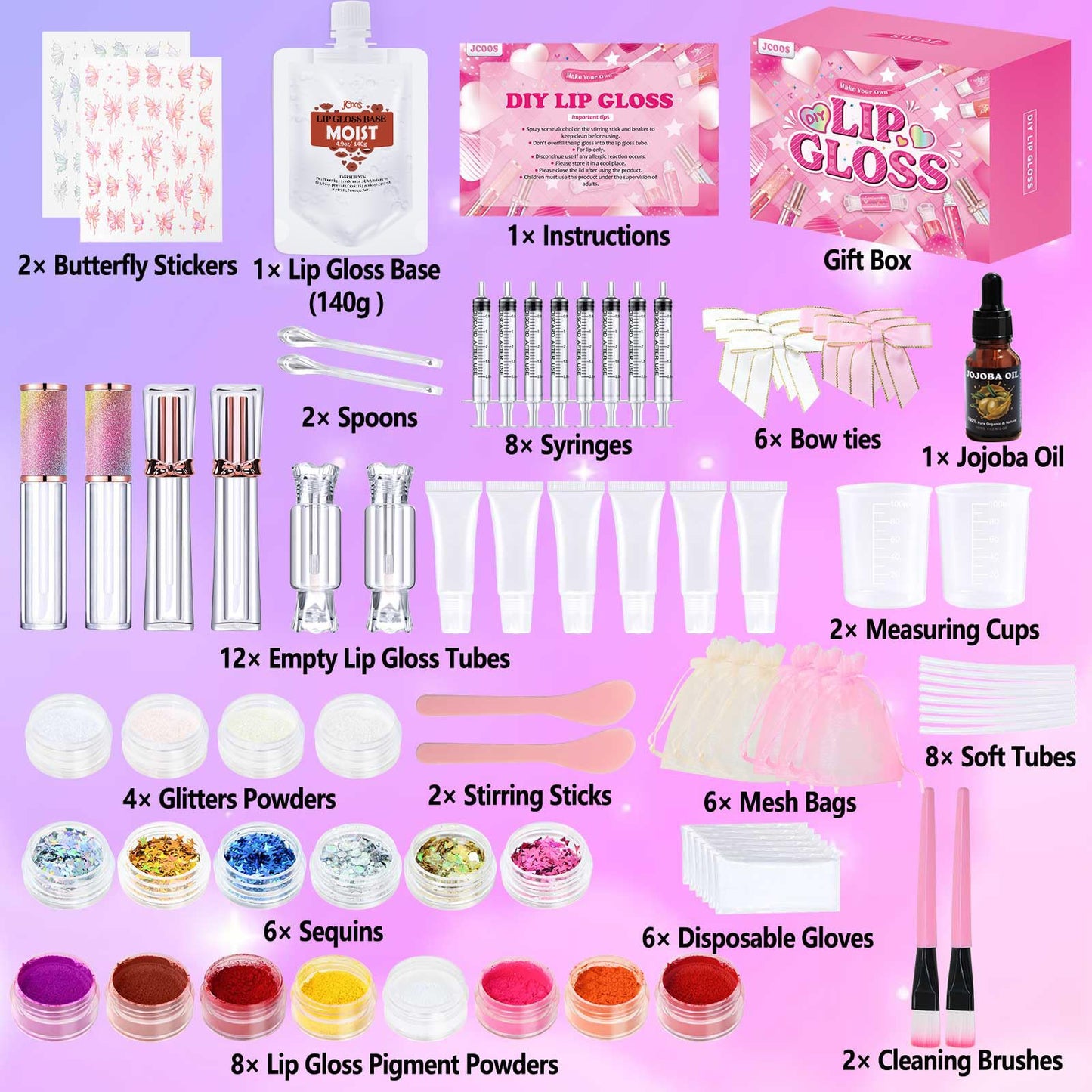 Jcoos Lip Gloss Making Kit, Lip Gloss Set for Teens Tweens Girls Woman Lip Kit Fun DIY Lipgloss Making Kit, Make Your Own Lip Gloss Kit, Moisturizing Glitter Kids Gifts Stuff for Beginner Women Girls
