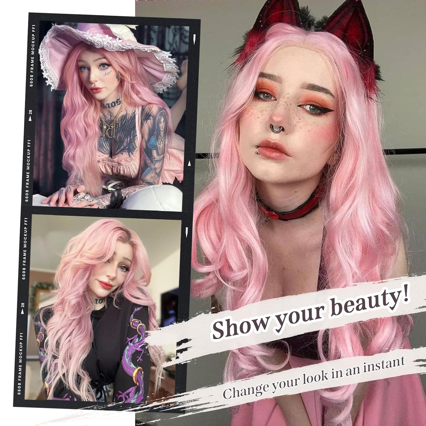 Long Wavy Pink Wig - 26 Inch Synthetic Lace Front Wig for Women | Natural Looking, Pre Plucked, Glueless
