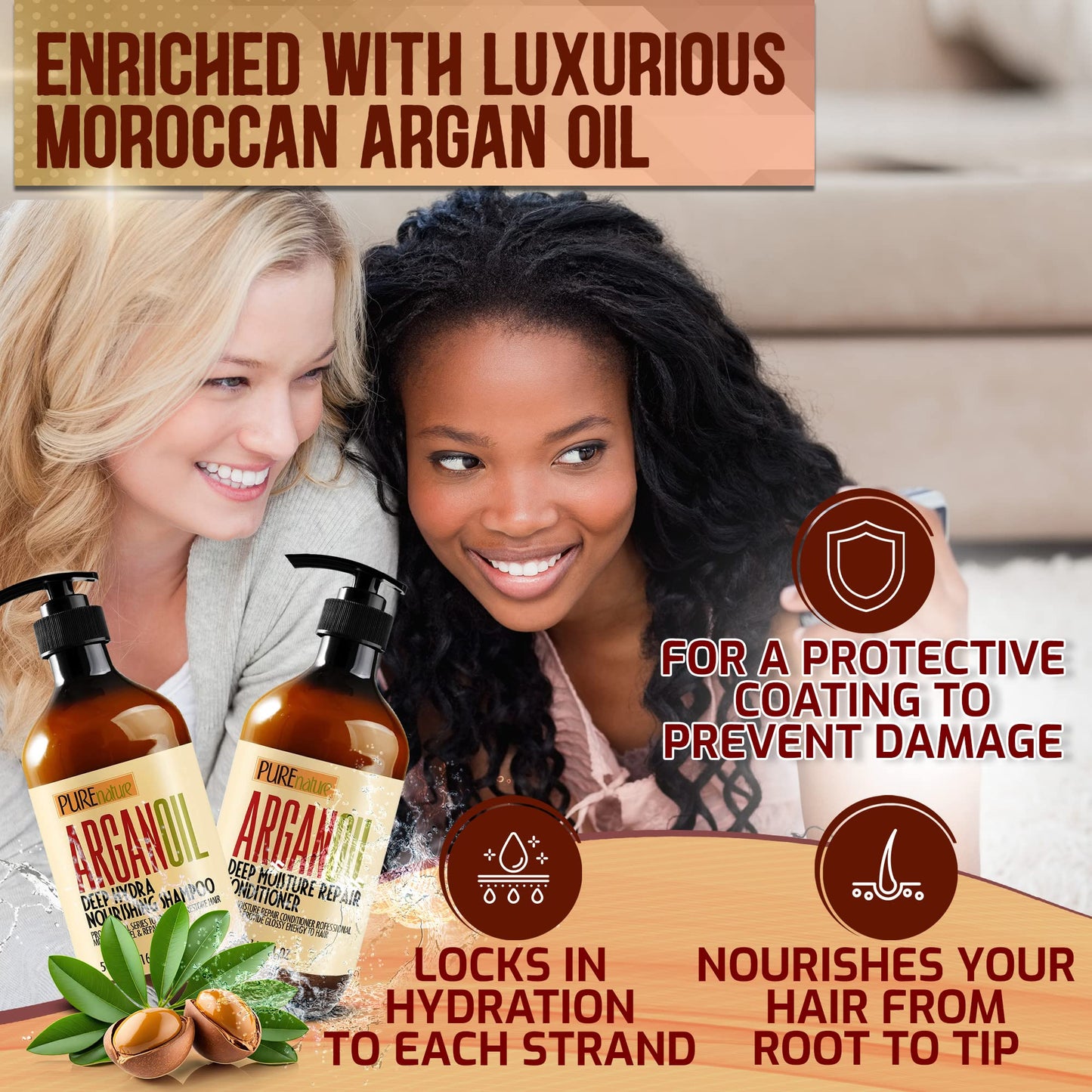 PURE NATURE Moroccan Argan Oil Shampoo and Conditioner and Hair Serum with Biotin, Castor, Rosemary Oil