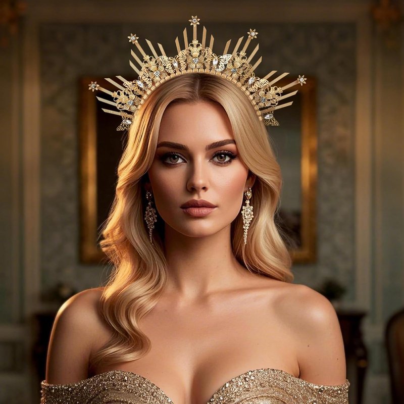 Butterfly Halo Crown Headpiece - Sunburst Gold Spiked Virgin Mary Design | Elegant Festival & Wedding Accessory