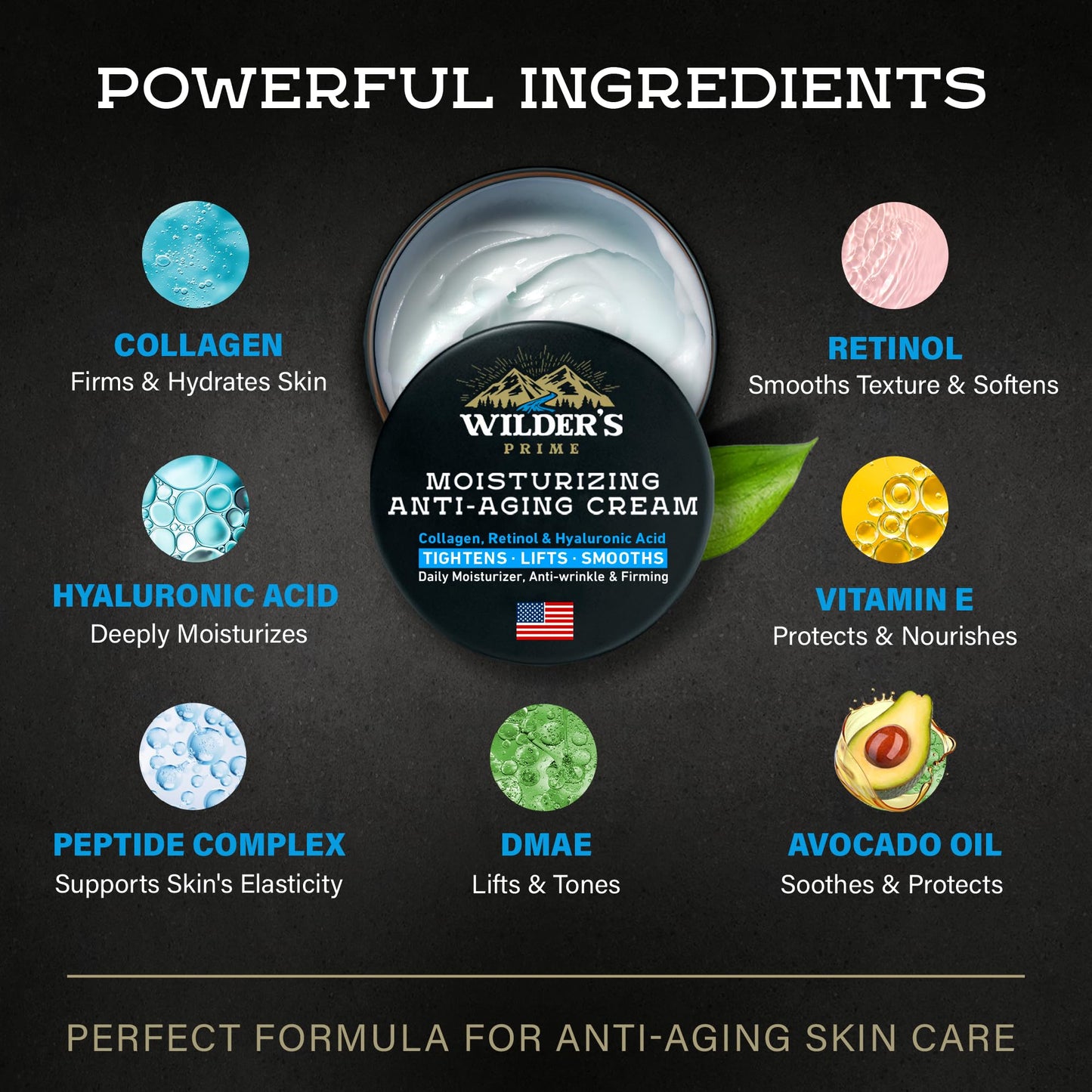 Men's Face Moisturizer Cream - Anti Aging & Wrinkle - Men's Shave Lotion - Made in USA - Collagen, Hyaluronic Acid, Vitamins E & A, Avocado Oil - Age Facial Skin Care, Day & Night Moisturizing, 2 oz