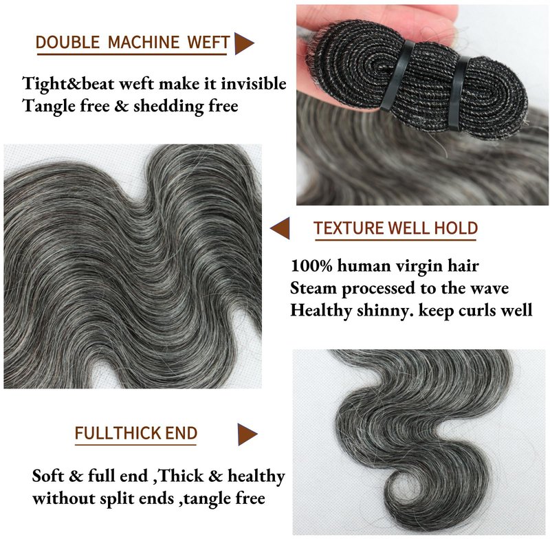 SIYUSI Salt and Pepper Body Wave Human Hair Bundles 12 Inch 1 Bundles Human Hair 100% Unprocessed 12A Brazilian Hair Weave Extensions Natural Gray-White Color
