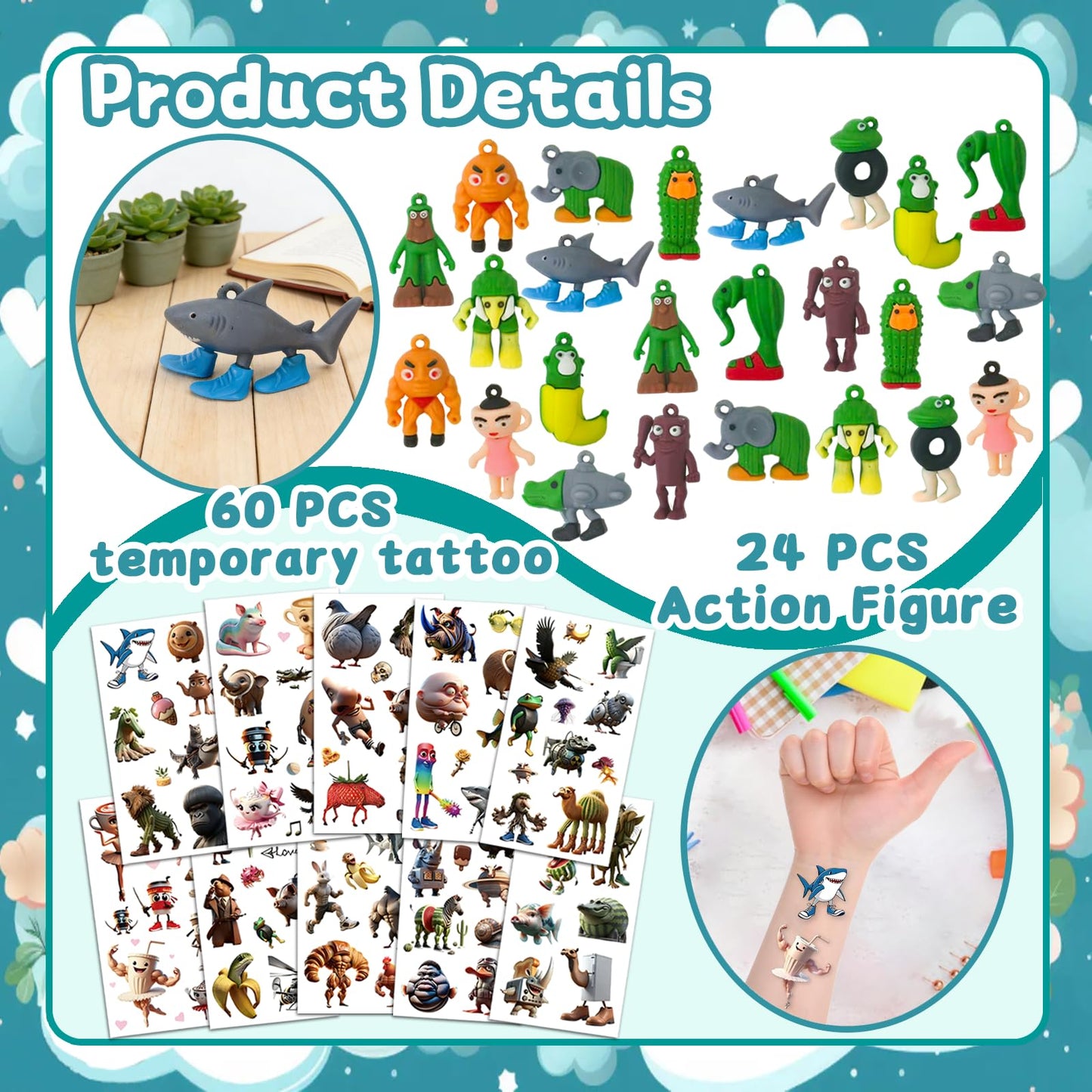 84Pcs Italian Brainrot Party Favors with Brainrot Action Figure & Brainrot Meme Temporary Tattoo, Decorations Gifts for Fans Office Home Desktop Decor