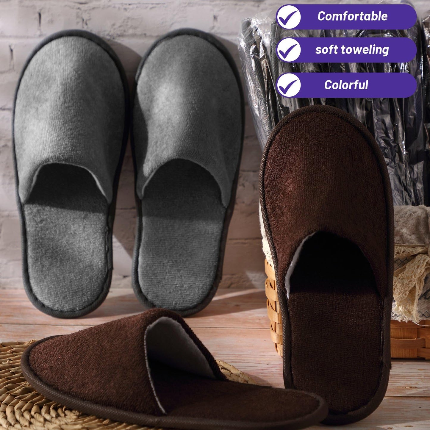 Geyoga 12 Pair Disposable House Slippers for Guests Non Slip Spa Hotel Disposable Slippers Washable Reusable for Wedding Bride Travel Shoeless Home Bathroom(Black, Brown, Navy Blue, Dark Gray,L)