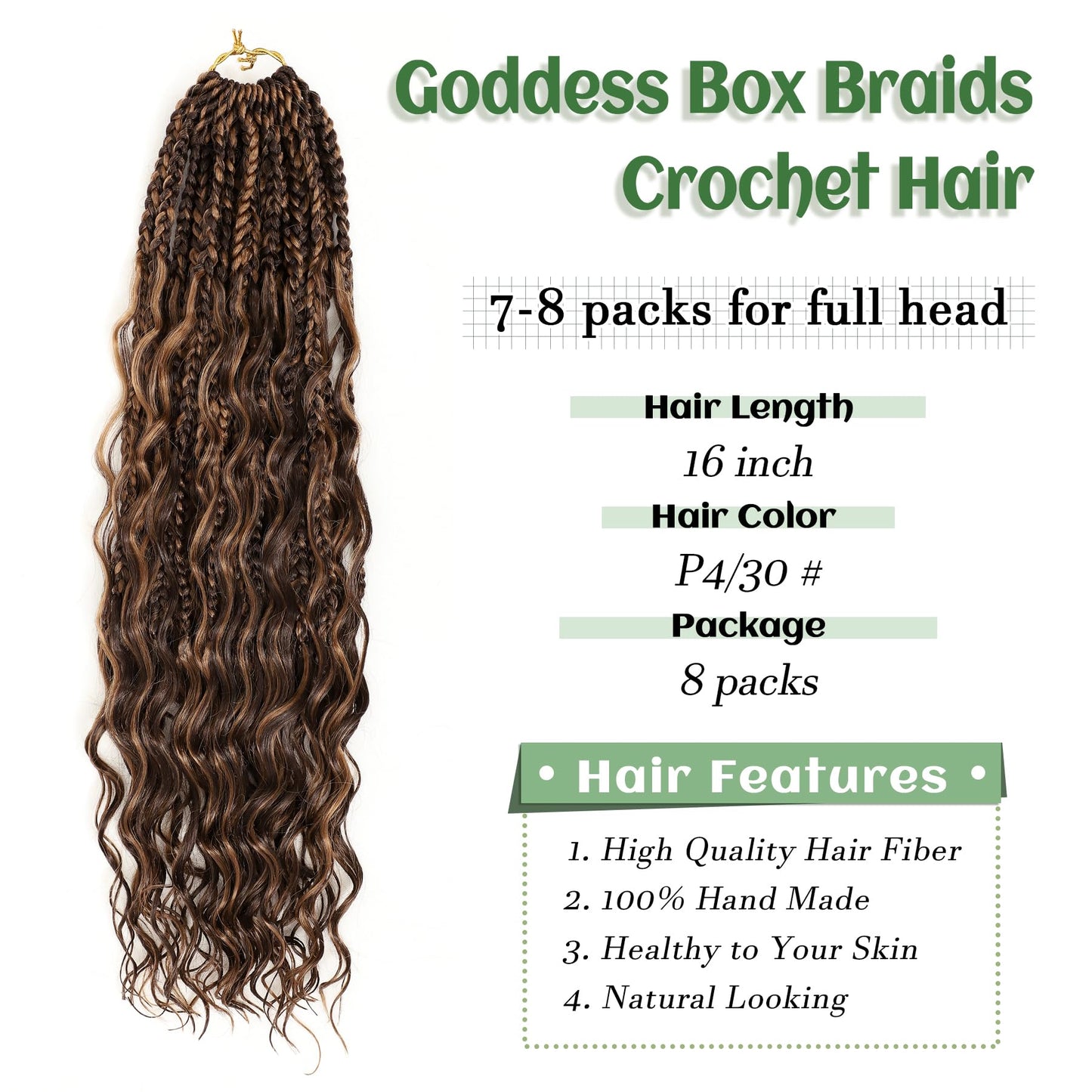 Eerya 8 Packs Boho Goddess Box Braids Crochet Hair for Black Women 16 inch Pre-looped Bohemian Crochet Box Braids With Curly Ends Synthetic Crochet Hair Extensions (16 inch, P4/30)