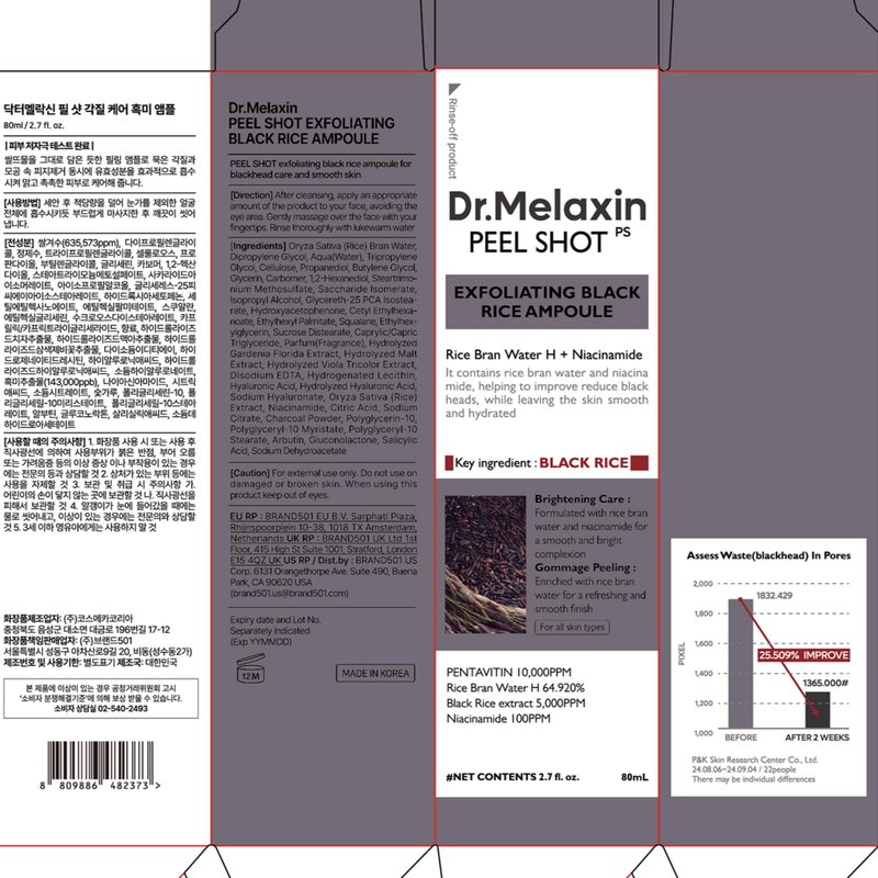 Dr.Melaxin Peel Shot Exfoliating Black Rice Ampoule 2.7 fl.oz - Rice Water AHA BHA Niacinamide Serum for Dead Skin Cells, Blackheads and Pores, Glass Skin Glow, Korean Skin Care Exfoliant