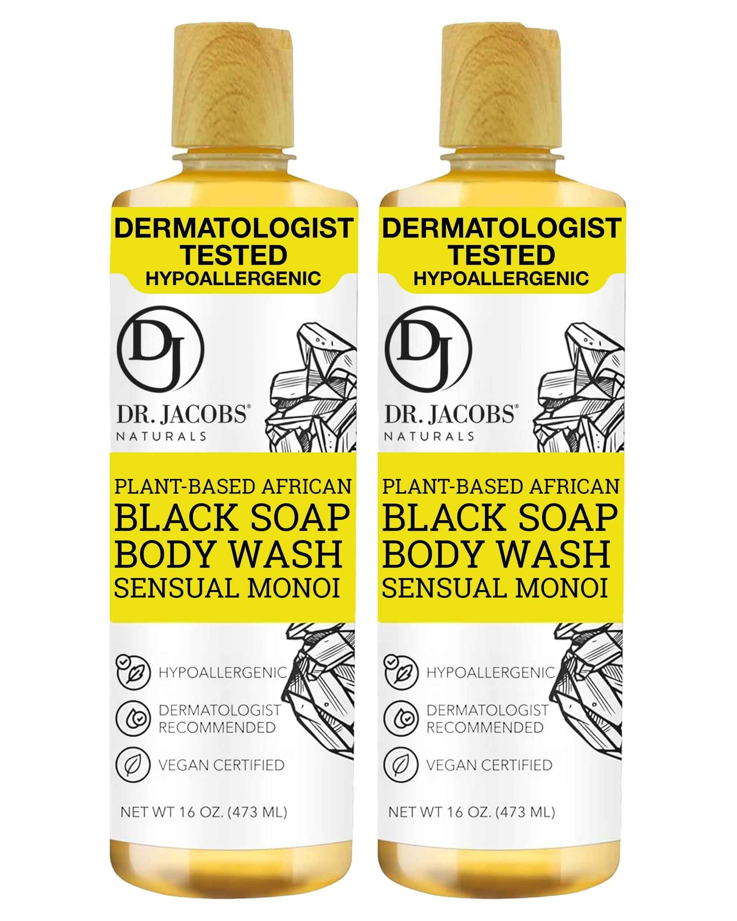 Dr Jacobs Naturals Authentic African Black Liquid Soap with Sensual Monoi Scent | All-In-One Face Wash, Sensitive Skin Body Wash, Shampoo, Shaving Soap | Moisturizing and Nourishing Formula | 16oz 2pk