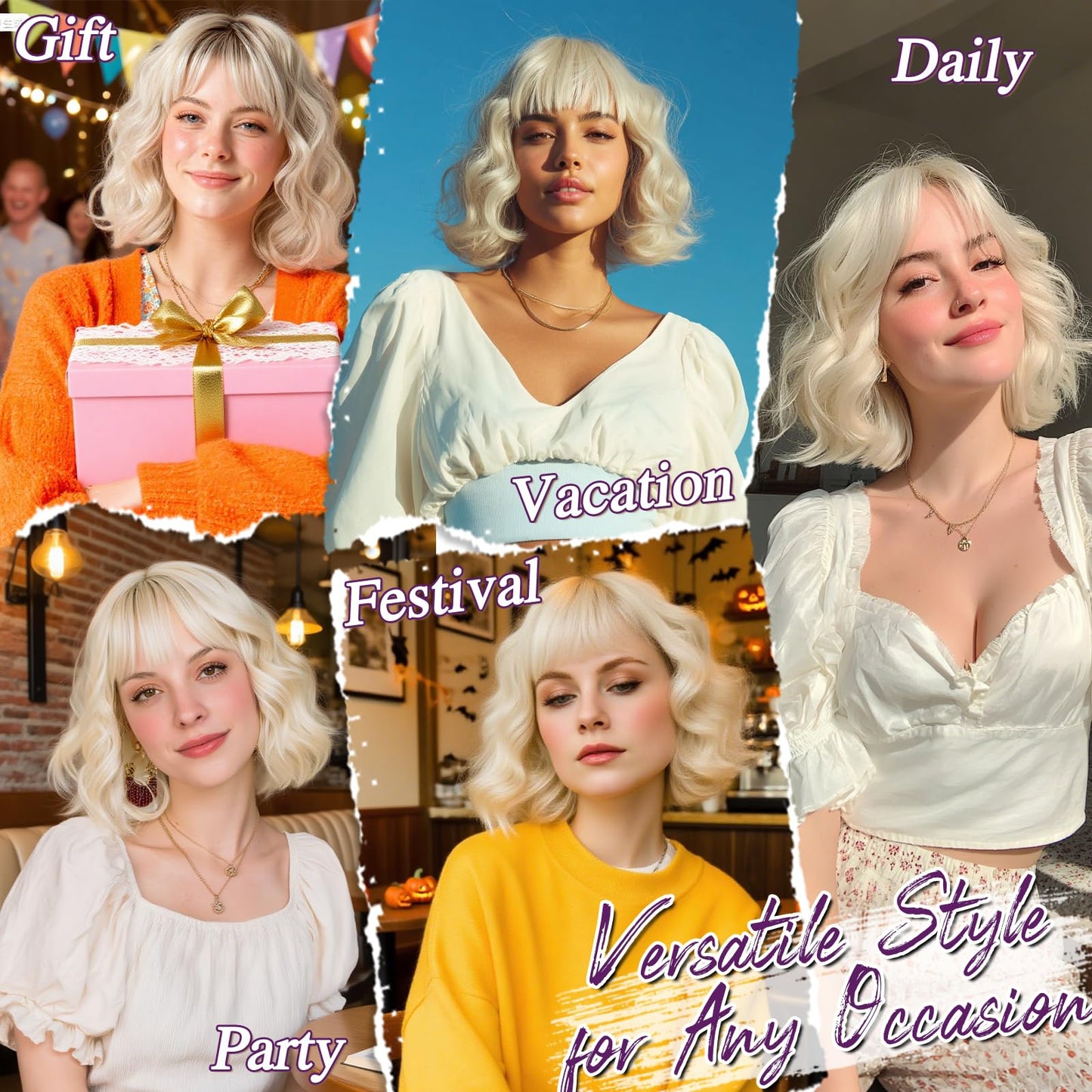 BARSDAR Blonde Ombre Short Wavy Wig with Bangs - Short Wavy Blonde Ombre Wig for Women - Fluffy Soft Synthetic Dark Roots Curly Textured French Bob Wigs with Bangs Natural Looking Face-Framing
