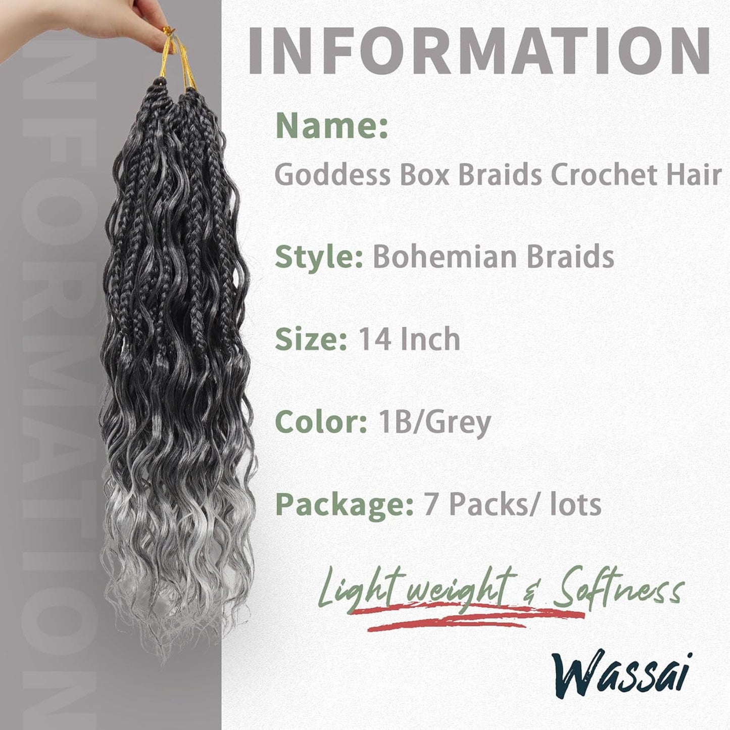 Goddess Box Braids - 7 Packs Grey Crochet Hair with Curly Ends | 14 Inch Bohemian Braiding Extensions 1B/Gray