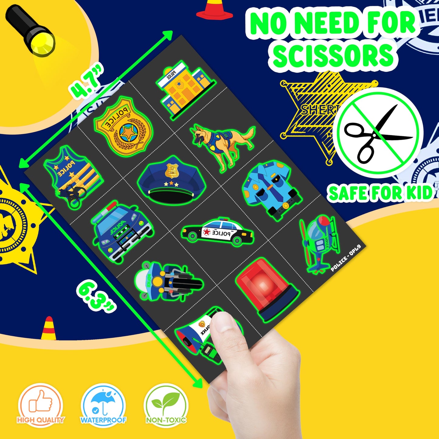 96 PCS Police Car Police Officer Policeman Pre-Cut Luminous Glow in the dark Temporary Tattoos for Kids | Super Cute Theme Birthday Party Favors Supplies Decorations, Fake Tattoos Gifts for Boys Girls
