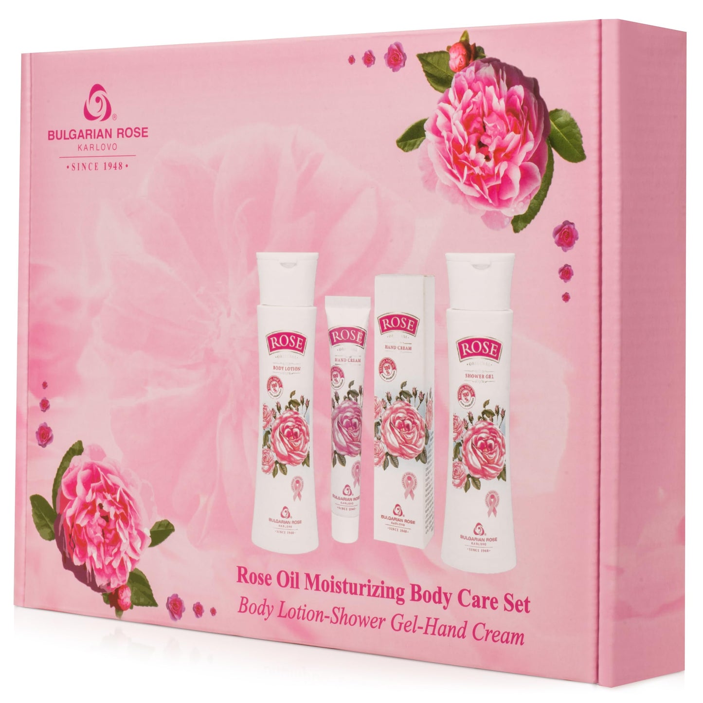 Bulgarian Rose Oil Moisturizing Body Care 3 Piece Gift Set - Natural Rose Body Lotion for Soft and Smooth Skin, Moisturizing Shower Gel and Hand Cream