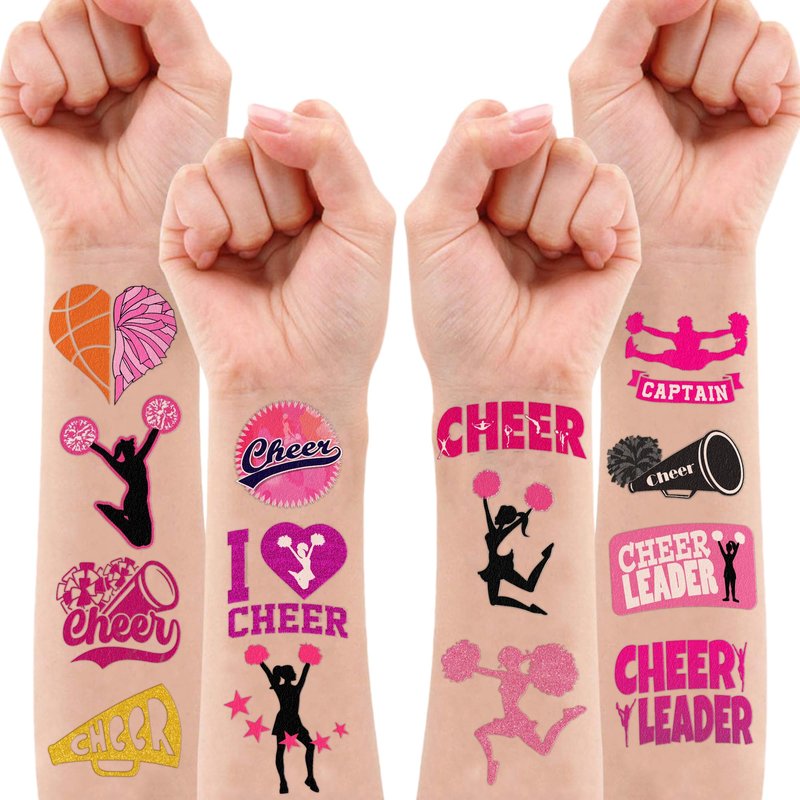 Cheerleading Temporary Tattoos 8 Sheets 82 PCS Cheer Party Decorations Supplies Favors Team Spirit Theme Birthday Cute Stickers Christmas Gifts for Boys Girls Class School Prizes Carnival