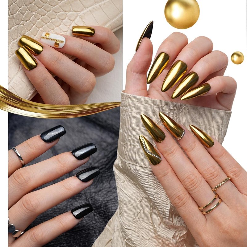 Chrome Nail Powder Set - 4 Jars Metallic Mirror Effect Pigments | Gold, Silver, Black & White Pearl