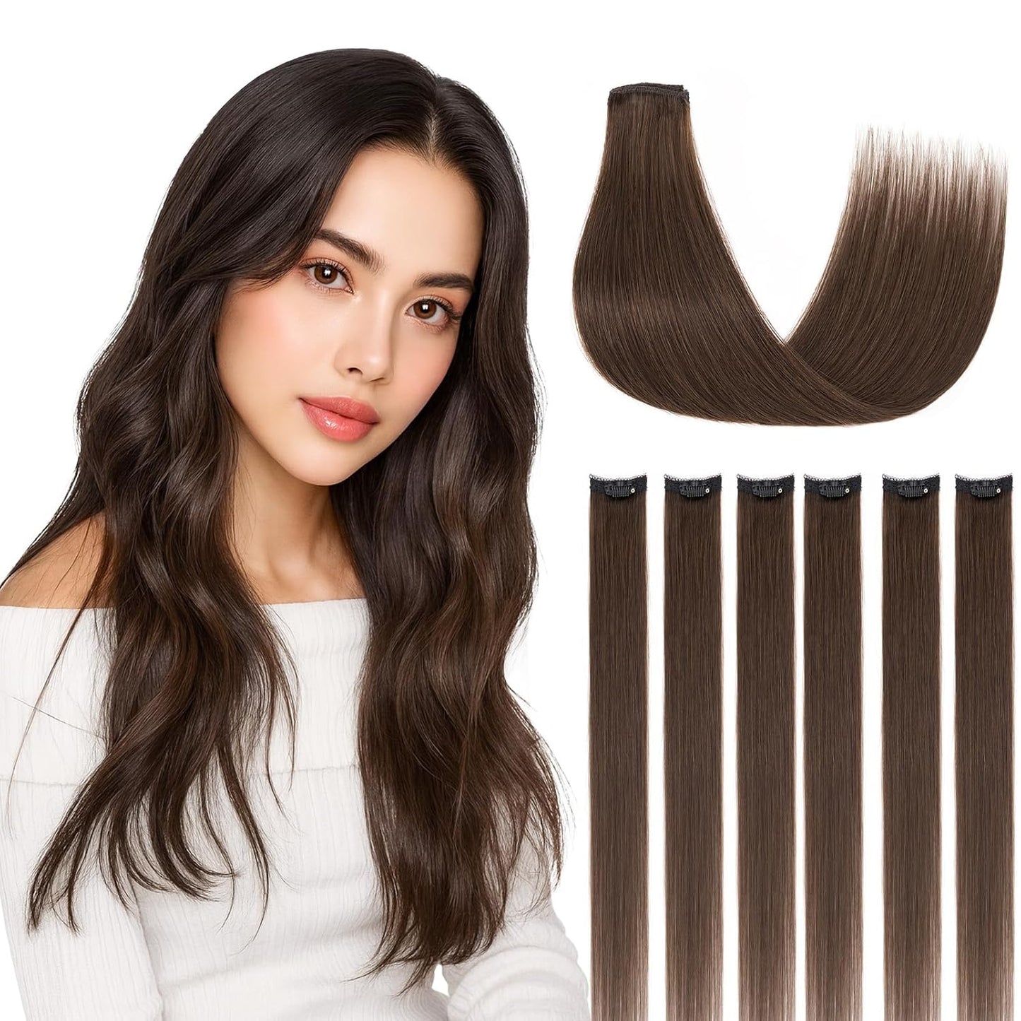 Clip-In Hair Extensions - Real Human Hair, 12 Inch, Dark Brown, Straight | Add Volume & Length for Daily Wear