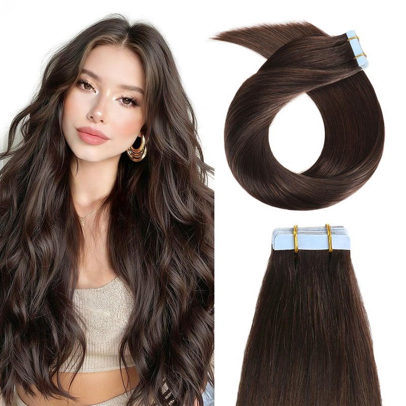 Tape In Human Hair Extensions - 16 Inch Silky Straight Remy Hair - 20 Pieces, #2 Dark Brown