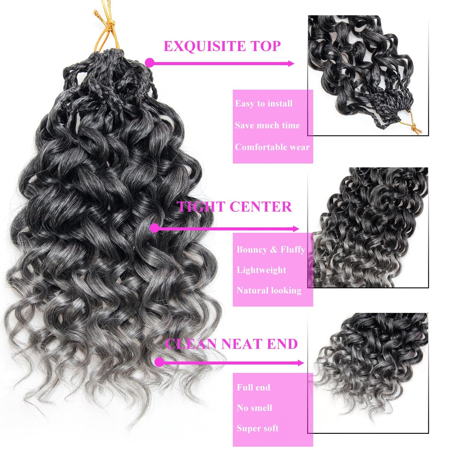 XSASLYET GoGo Curl Crochet Hair for Black Women, 10 Inch 8 Packs Pre Looped Synthetic Water Wave Braids, Deep Wave Curly Crochet Hair Extensions (1B/Grey)