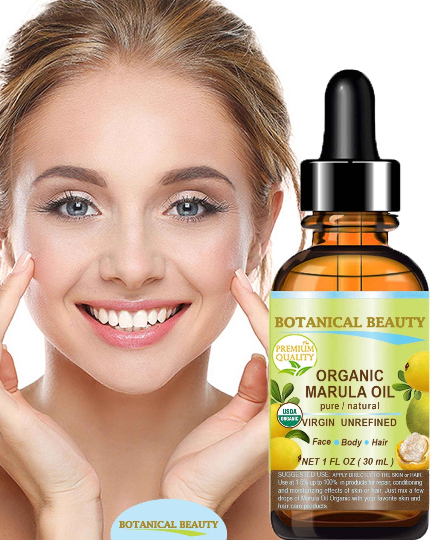 Botanical Beauty Organic MARULA OIL WILD GROWTH 100% Pure Natural Virgin, Unrefined Cold-Pressed Moisturizer for FACE, DRY SKIN, BODY, DAMAGED HAIR, NAILS, Anti-Aging (1 Fl Oz)