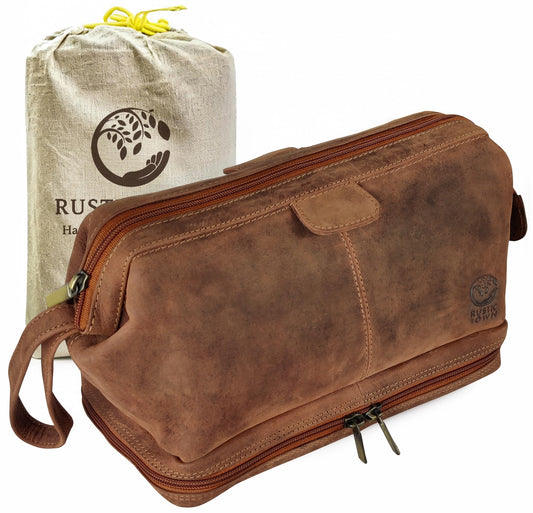 RUSTIC TOWN Leather Toiletry Bag for Men - Travel Gift Shaving Ditty Kit - Bathroom Shower Toiletries Organizer - Cosmetic Makeup Bag for Women