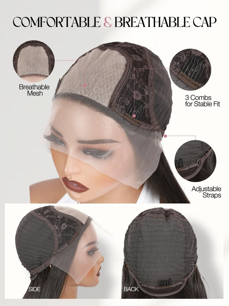 WIGER Copper Brown Straight Lace Front Wig Long 28 Inch Pre Plucked Hairline Wig for Women Natural Looking Synthetic Straight Wig for Daily Halloween Costume Party