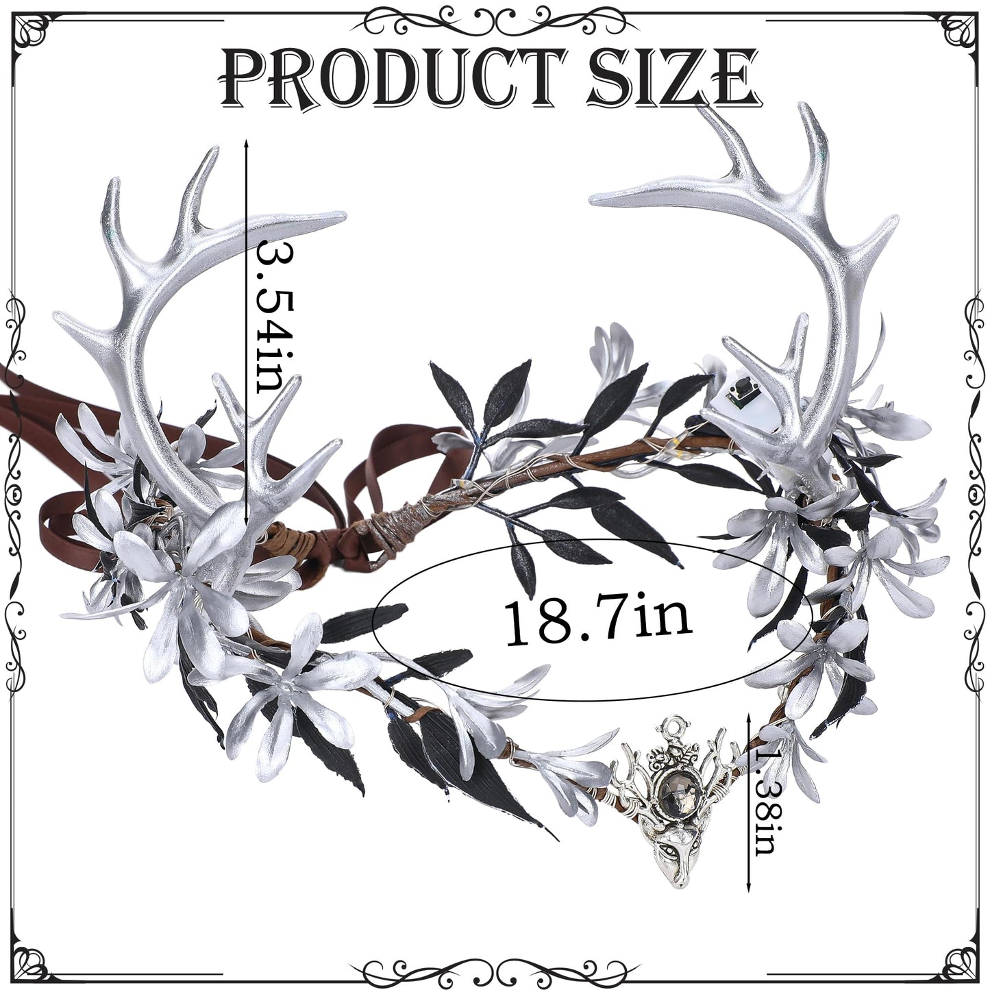 MOSTORY Light up Fairy Crown - Silver Antler Crown Flower Heapiece Elf Floral Circlet Woodland Headband for Women Halloween Outfit Renaissance Ren Faire Cosplay Photo Shoot