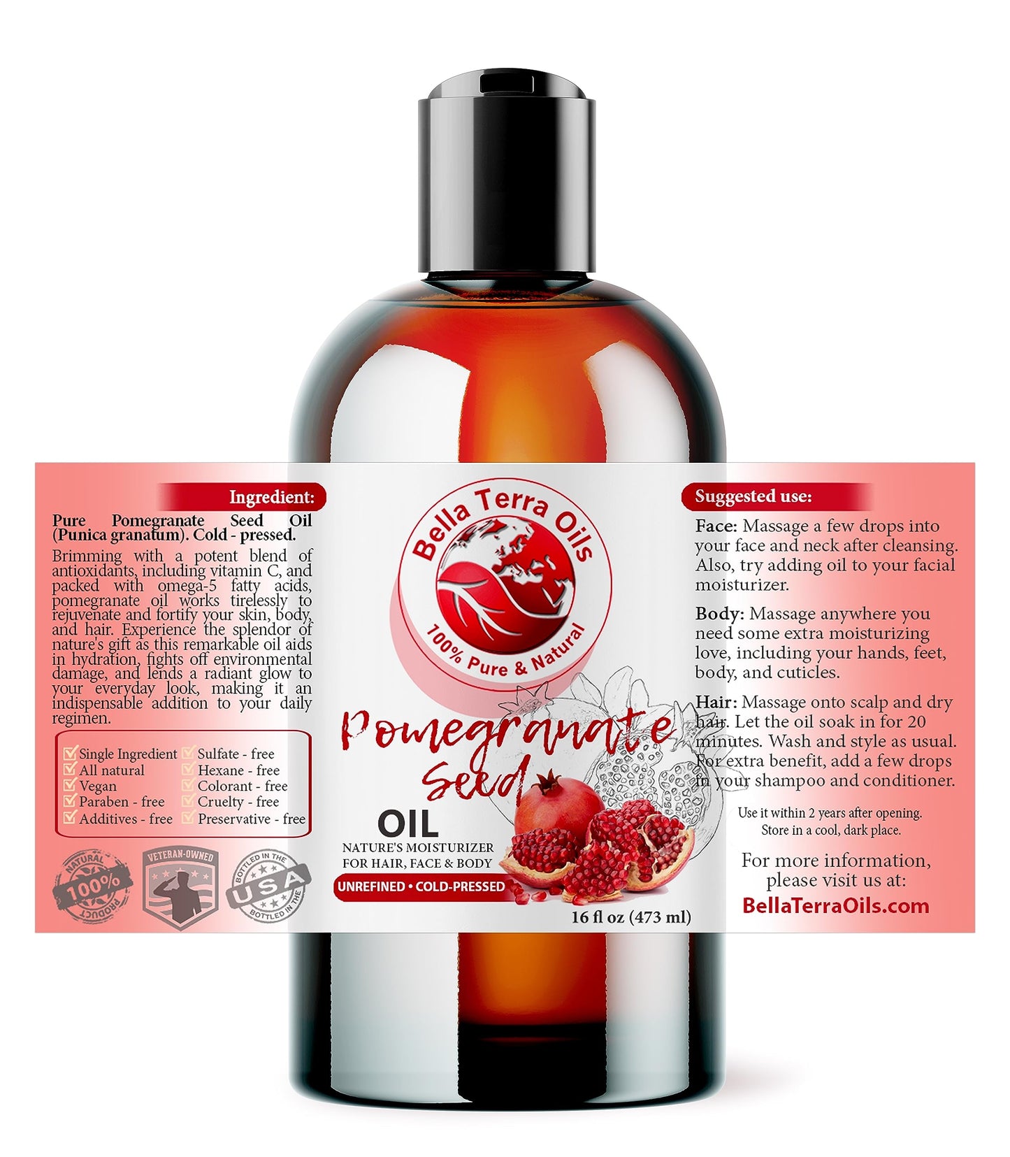 Bella Terra Oils - Natural Pomegranate Seed Oil 16oz - Steeped in Essential Minerals & Vitamins, A Symphony for Soft, Smooth, and Lustrous Skin