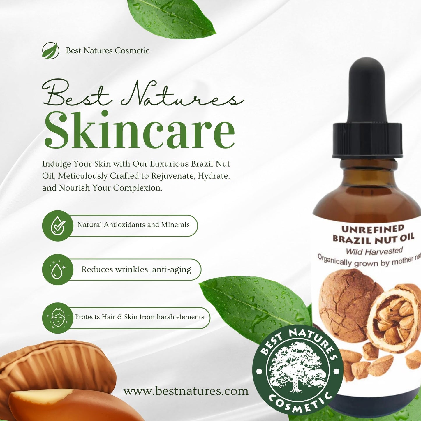 Best Nature's Cosmetics Virgin Organic Brazil Nut Oil, Hydrating Moisturizer for Skin & Hair, Cold-Pressed, Anti-Aging, Restores Radiance, Non-Greasy for Face & Body, Controls Frizz 4 Fl Oz - 120 ml