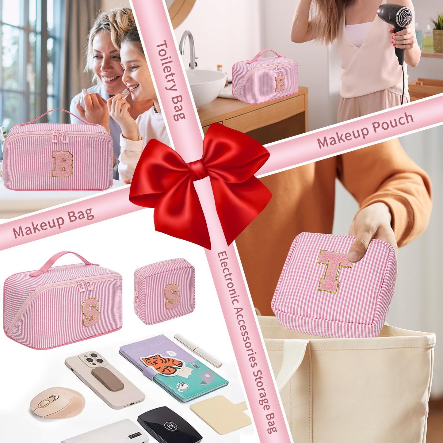 2026 Graduation Gifts - Travel Makeup Bag for Women, 2Pcs Portable Personalized Initial Makeup Organizer Bag, Open Flat Large Cosmetic Bag With Travel Essential Pouch (Pink Letter R)