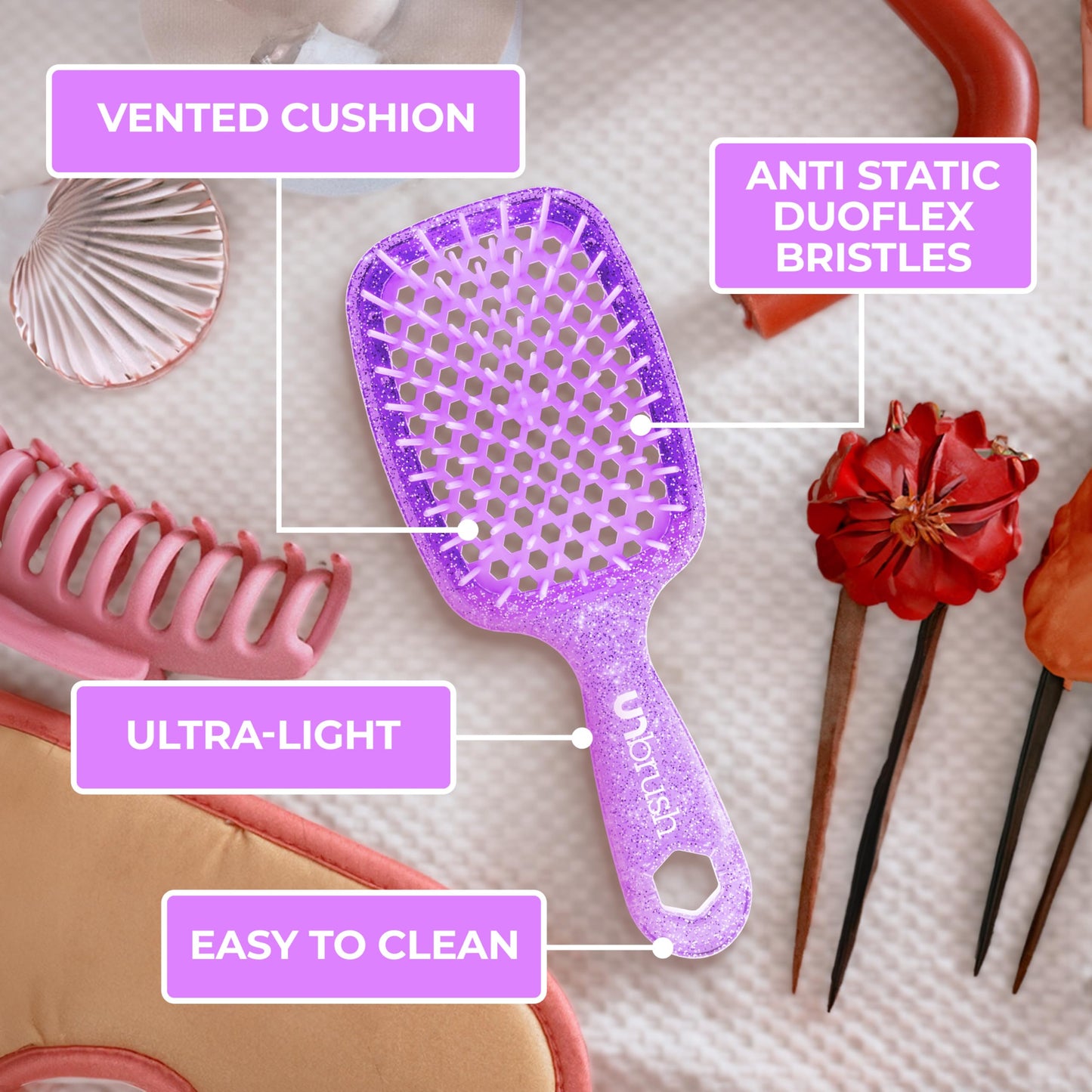 FHI Heat UNbrush Detangling Brush for Pain-Free Brushing on All Wet or Dry Hair Types — Durable DuoFlex Anti-Static Bristles, Lightweight Handle, Vented Hair Brush, Amethyst Lavender