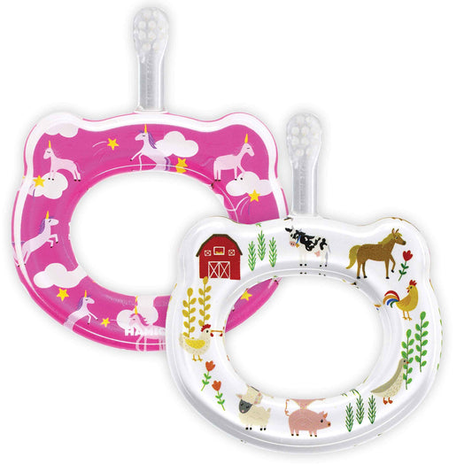 HAMICO Baby Toothbrush Gentle, Extra- Soft Bristles for Baby’s First Toothbrush | Easy Grasp-No Overreach Infant Toothbrush | BPA Free | 2-Pack: Unicorns & Farm Animals