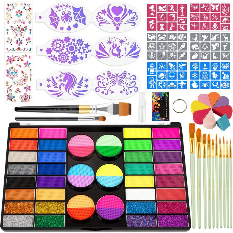 Face Painting Kit – 44 Color Face painting Makeup Kit, Non-toxic Water Activated paint palette with Palette,Stencils, Brushes, Gems, Puff, for Kids Party Cosplay Halloween Christmas Carnival.