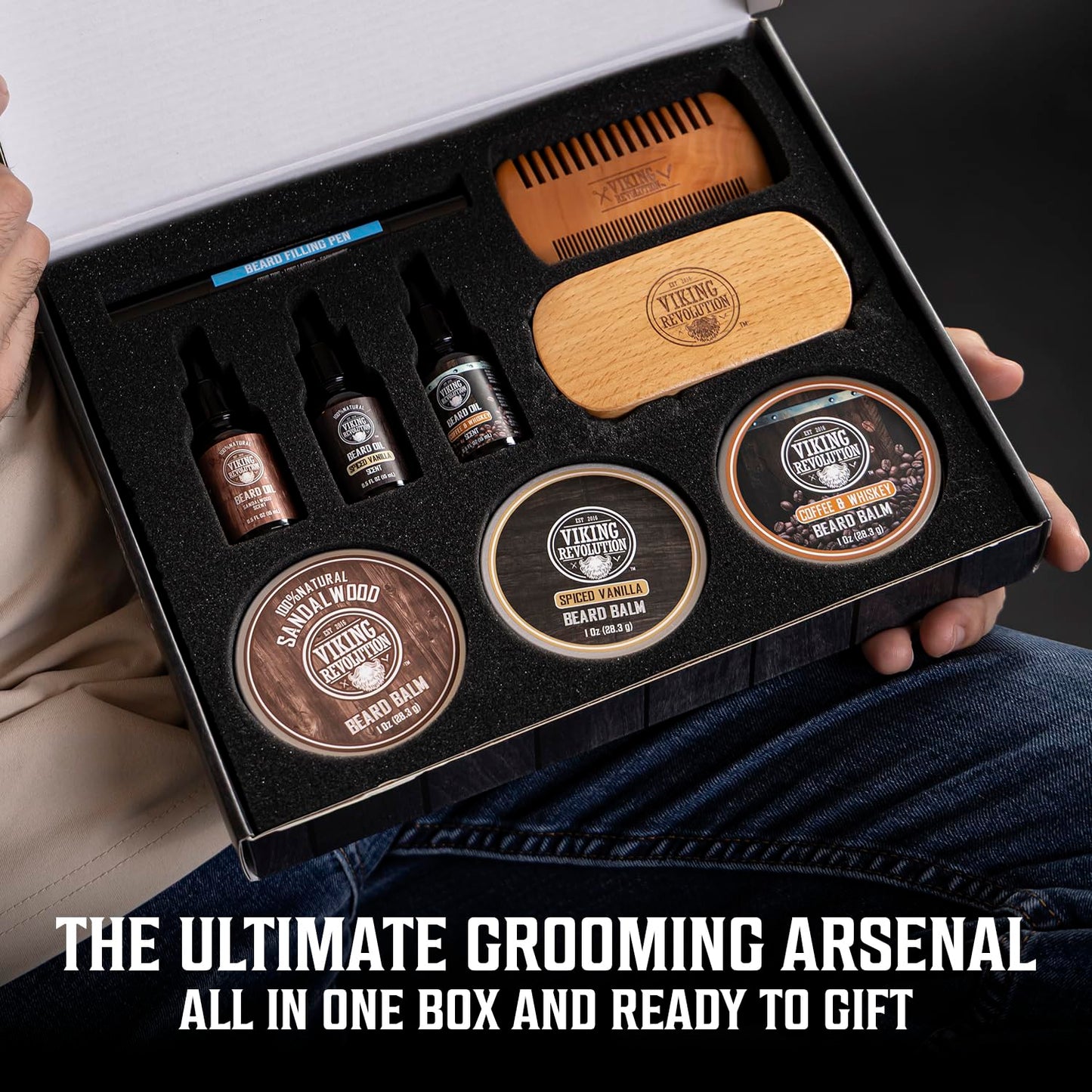 Viking Revolution Ultimate Beard Care Collection - Gifts for Men Includes Oil, Balm, Brush, Comb and Pen - Beard Kit for Men with Sandalwood, Spiced Vanilla, Coffee Whiskey, Sweet Tobacco