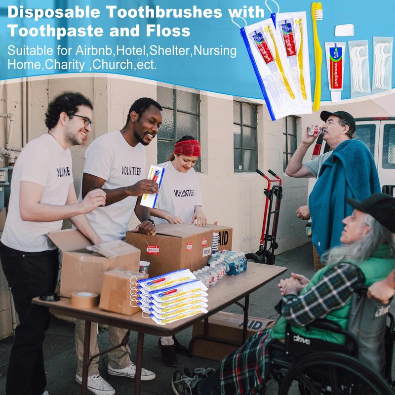 Xuezoioy 30 pcs Disposable Toothbrushes with Toothpaste and Floss Set,Yellow Individually Wrapped Bulk Single Use Toothbrush Floss Cover Travel Toothbrushes Kit with Zip Bag for Homeless,Hotel,Guest