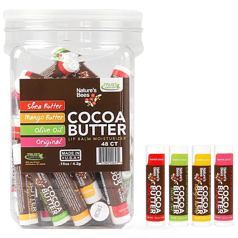 Nature's Bees, Cocoa Butter Flavored Lip Balm Tubes Set Bulk Assortment Chap Treatment Moisturizer For Dry Lips, Original Variety Assortment (Shea Butter, Original, Olive Oil, Mango Butter) - 48 Pack