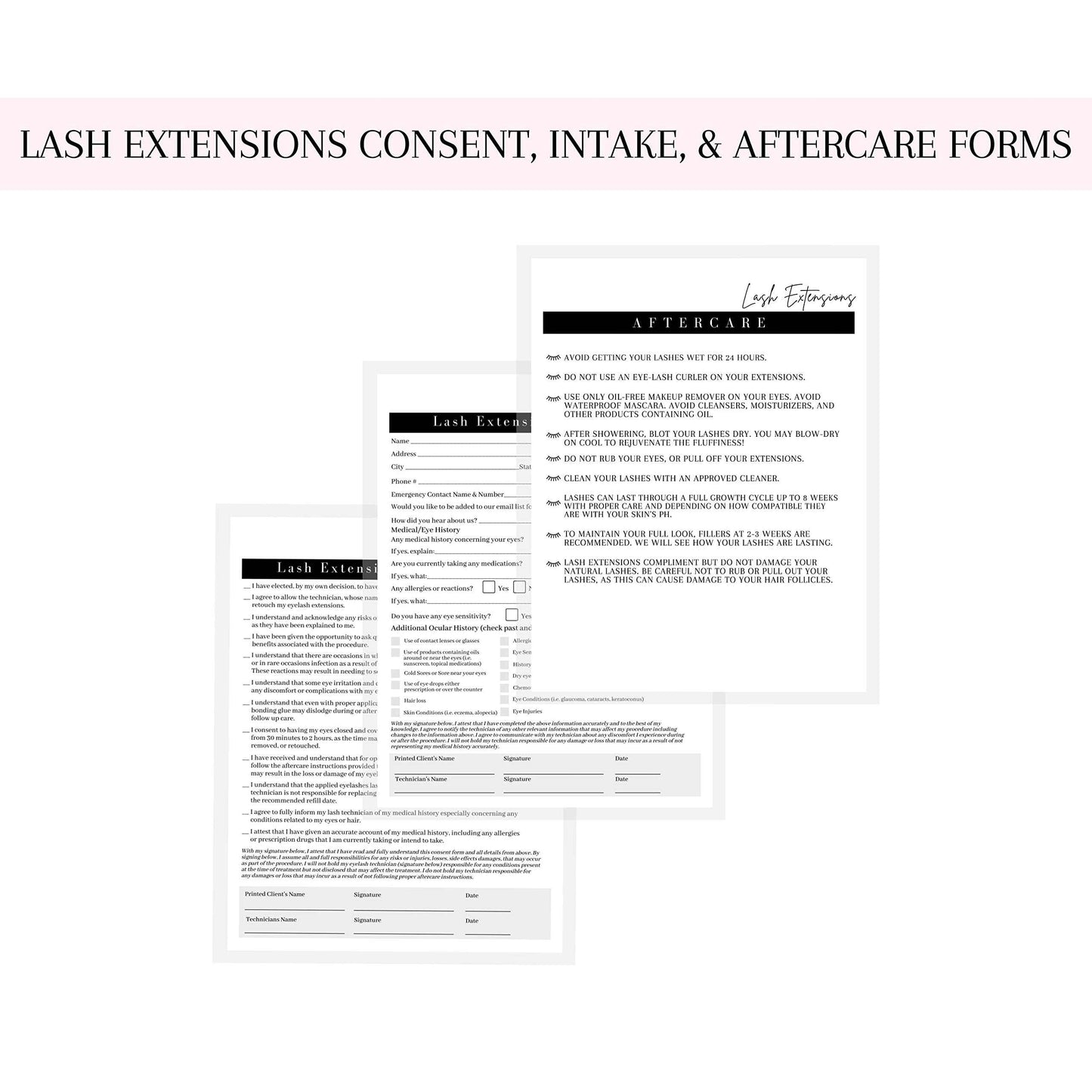 Lash Extension Consent, Intake, Aftercare Forms | 75 Pack | 8.5x11" Paper Size | Eyelash Extension Supplies