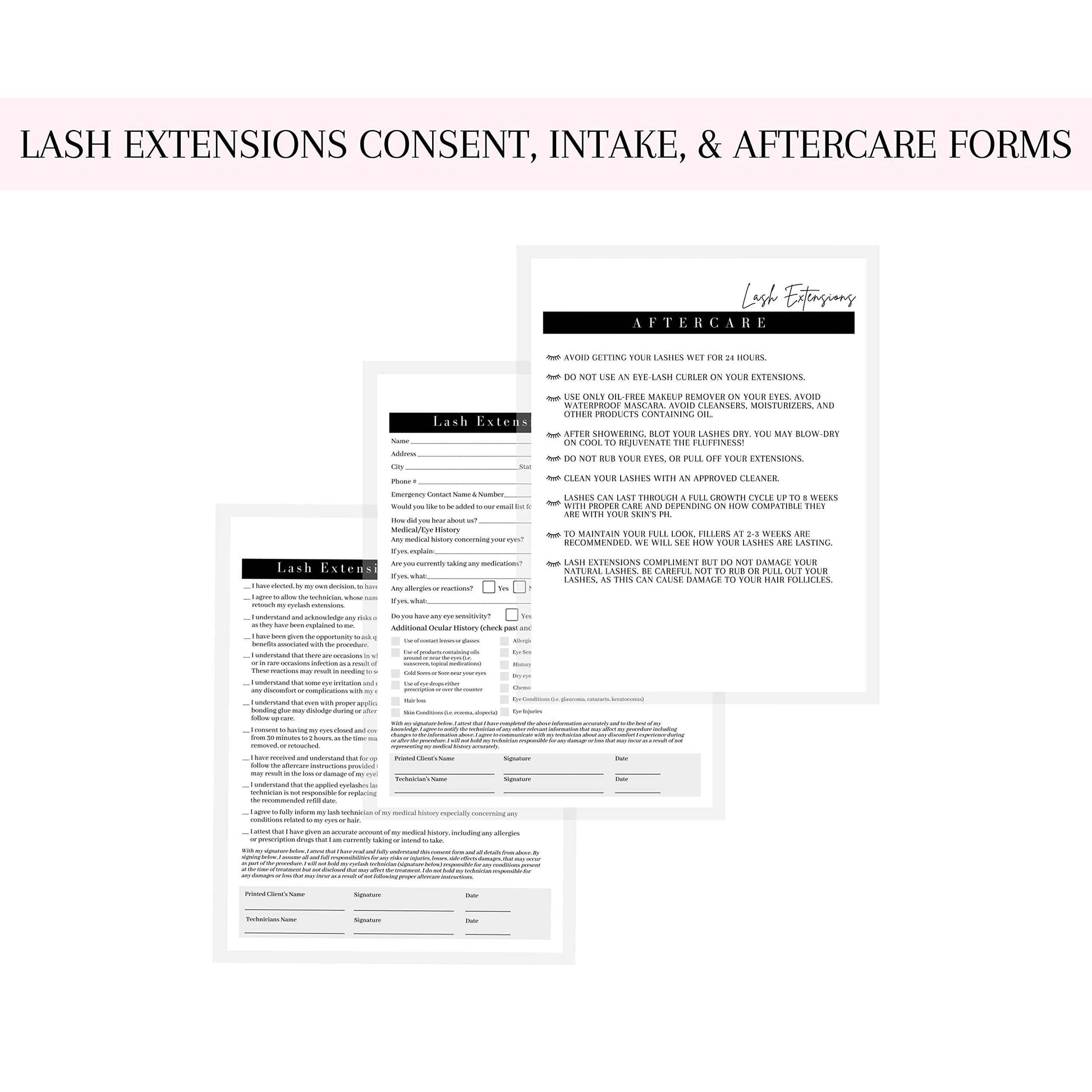 Lash Extension Consent, Intake, Aftercare Forms | 75 Pack | 8.5x11" Paper Size | Eyelash Extension Supplies