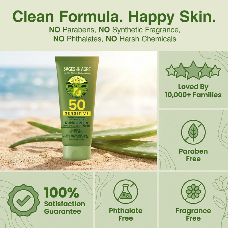 Grass-Fed Tallow Mineral Sunscreen SPF 50 — No White Cast, Non-Nano Zinc Oxide, Reef Safe UVA/UVB, Water Resistant 80 Min, Moisturizing & Soothing with Aloe Vera, Face & Body, 3.4 oz