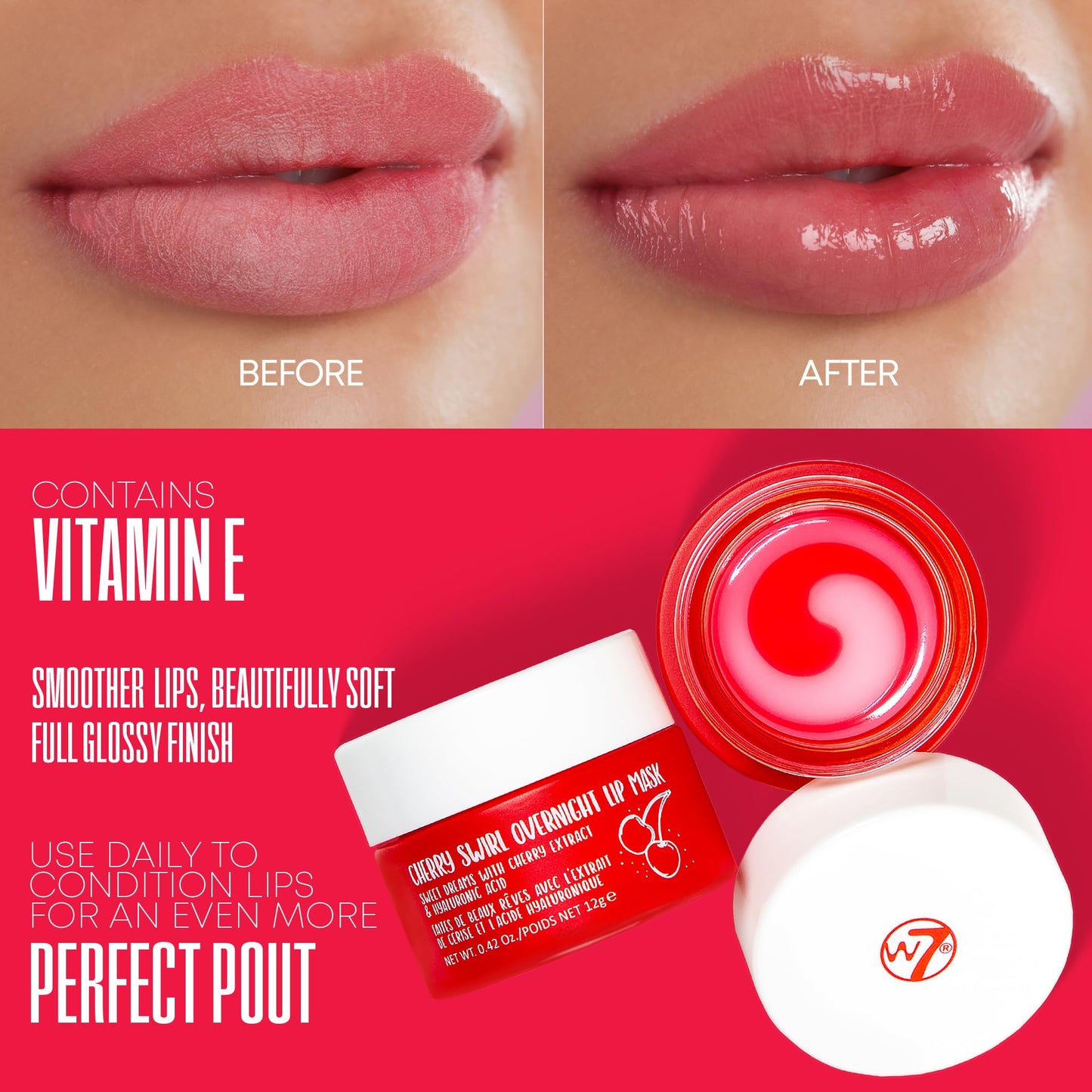 W7 Sweet Dreams Overnight Cherry Swirl Lip Mask - Cherry Extract & Hyaluronic Acid - For Hydrated, Full Looking & Irresistible Lips