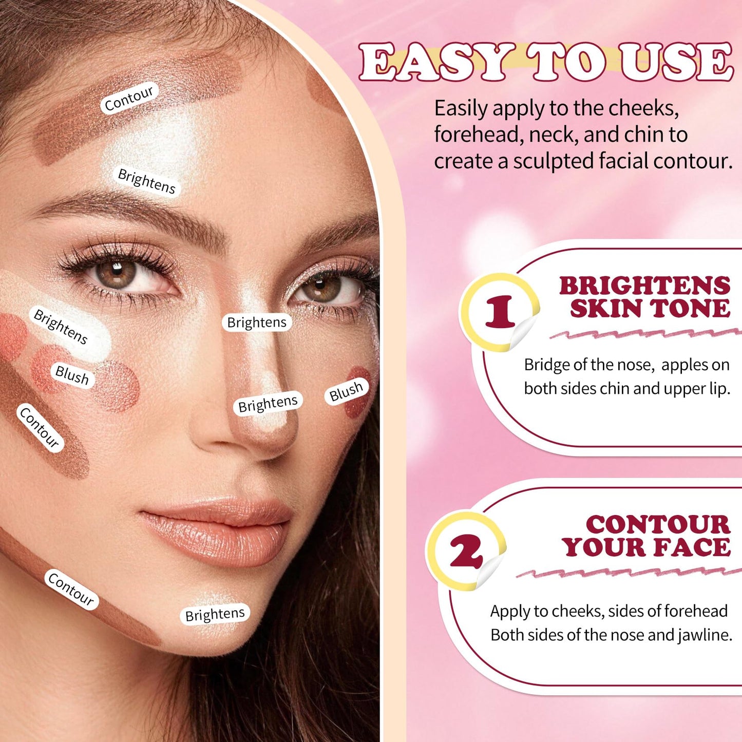 6 Pcs Cream Contour Stick Makeup Kit, Shades with Highlighter, Bronzer and Blush Sticks for Sculpt the Face All Skin Type, with Brush, Makeup Sponge, Buildable for Beginner Professional Set A