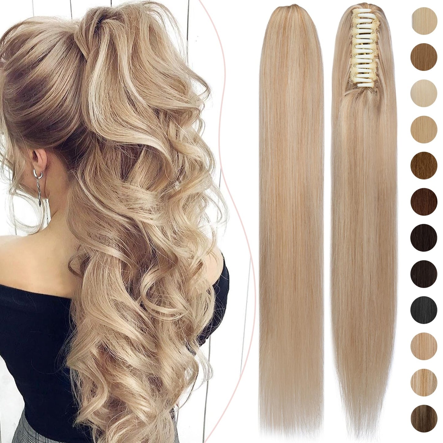 Rich Choices Ponytail Extension 100% Real Human Hair Wrap Around Remy Ponytail Extension for Women Clip In Long Pony tail Extensions Straight 13.5 Inch #18P613 Ash Blonde Highlighted Bleach Blonde