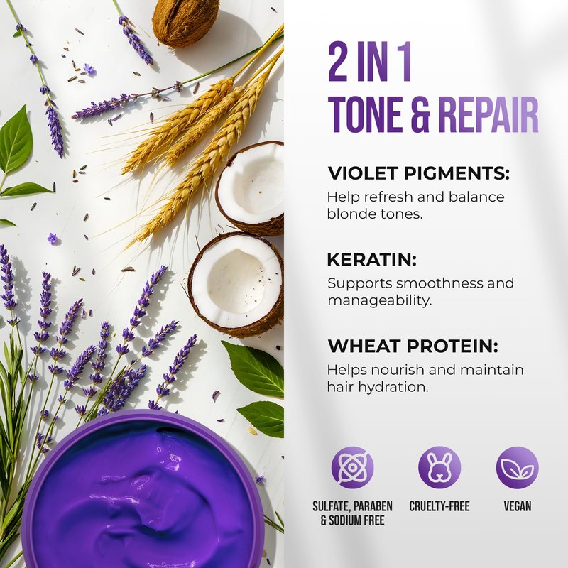 SUNATORIA Purple Hair Mask for Blonde & Bleached Hair, 2-in-1 Keratin Toning Conditioner for Brass Control, Helps Reduce Yellow Tones While Softening Dry Color-Treated Strands | 8.5 Fl Oz