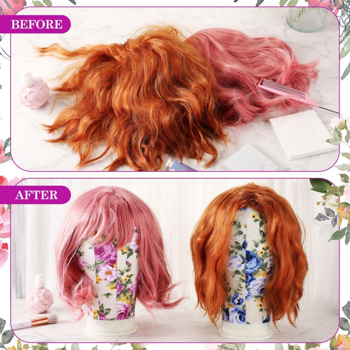 DoubleFill 2-Piece Mannequin Heads for Wigs - 22 Inch Canvas Wig Heads with Mount Hole Pins & 2 C Clamp Stand Holder for Lace Wig Making & Display (Floral)