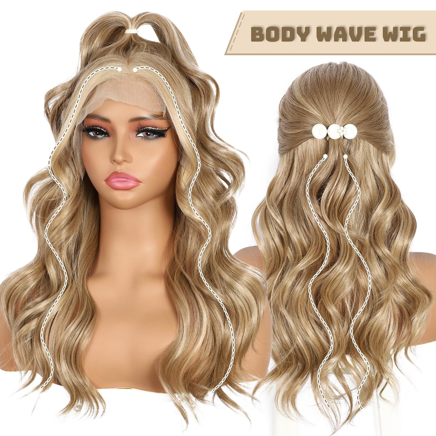 BABEHERS Honey Brown Lace Front Wig 13x4 Pre Plucked Body Wave Synthetic Lace Front Wig for Women Highlight Heat Resistant Hair 22 Inch Daily Use