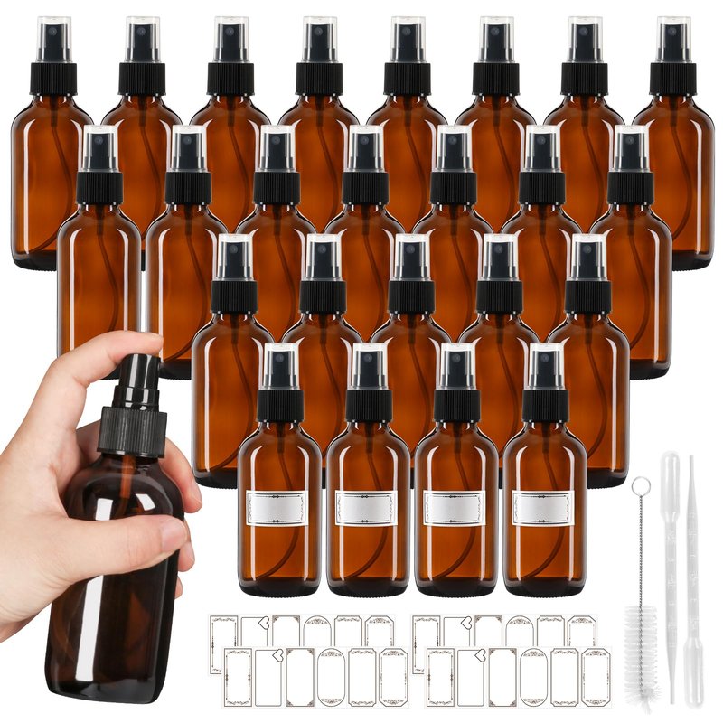 4 oz Amber Glass Spray Bottles 24 Pack, Leakproof Small Refillable Containers for Perfumes, Cleaning Products, Pet, Essential Oils - Empty Travel Size Bottles for Hair, Plants, Premium Sprayers
