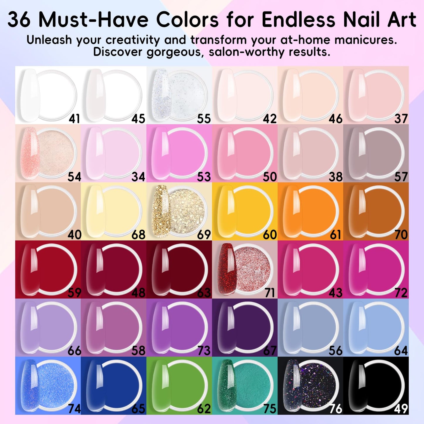 36 Color Acrylic Nail Powder Set, Acrylic Powder Nail Art 3D Sculpture French Extension for No Lamp Needed, Professional Salon Quality, Bubble Free & Long Lasting