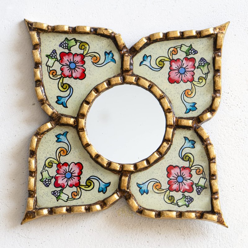 DecorContreras Small Peruvian Mirror, Handmade Artisan Mirror Wall Decor, Reverse Painted Glass Diamond Shape Mirrors 8.26" (Beige)