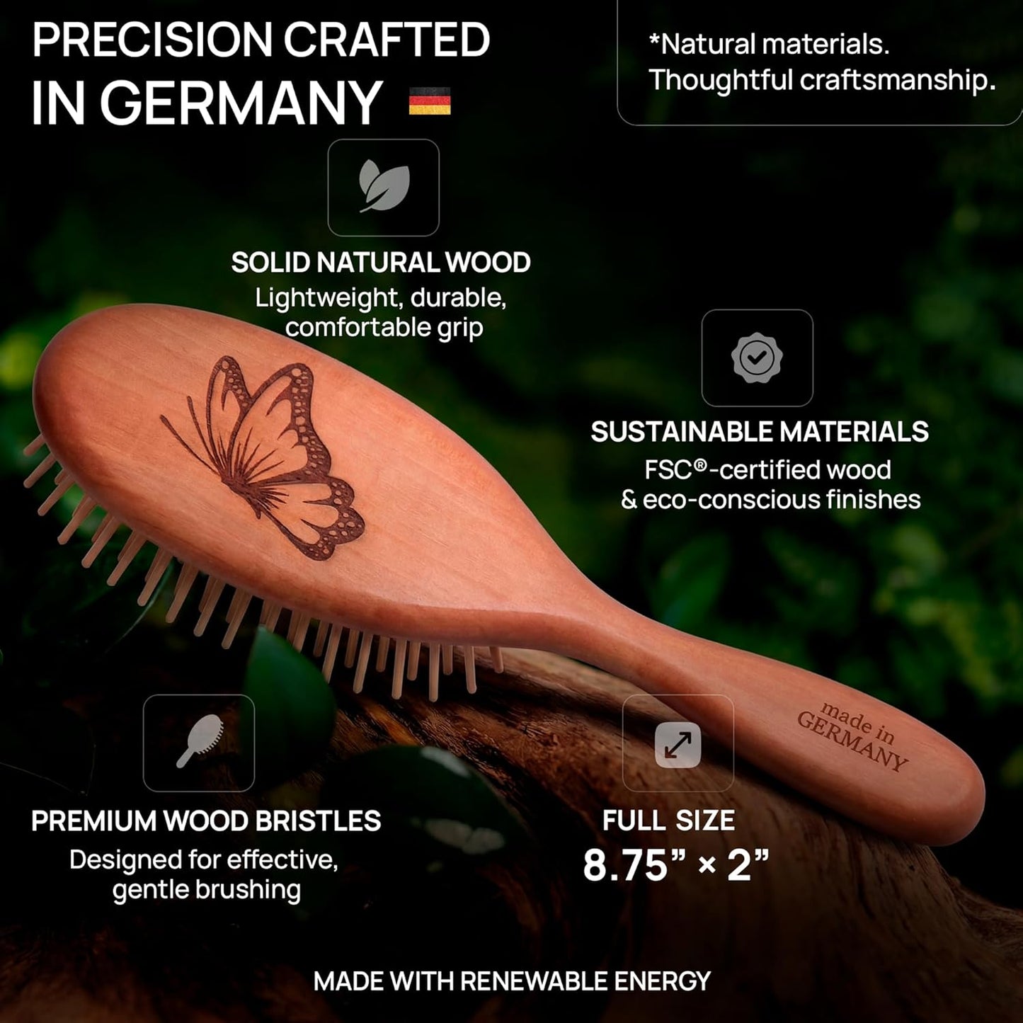 Natural Wooden Hair Brush - Anti-Breakage Wood Bristle with Pear Wood Handle | Gentle Scalp Massage, Anti-Static for All Hair Types