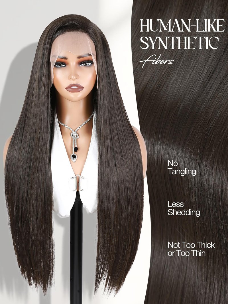 WIGER Copper Brown Straight Lace Front Wig Long 28 Inch Pre Plucked Hairline Wig for Women Natural Looking Synthetic Straight Wig for Daily Halloween Costume Party