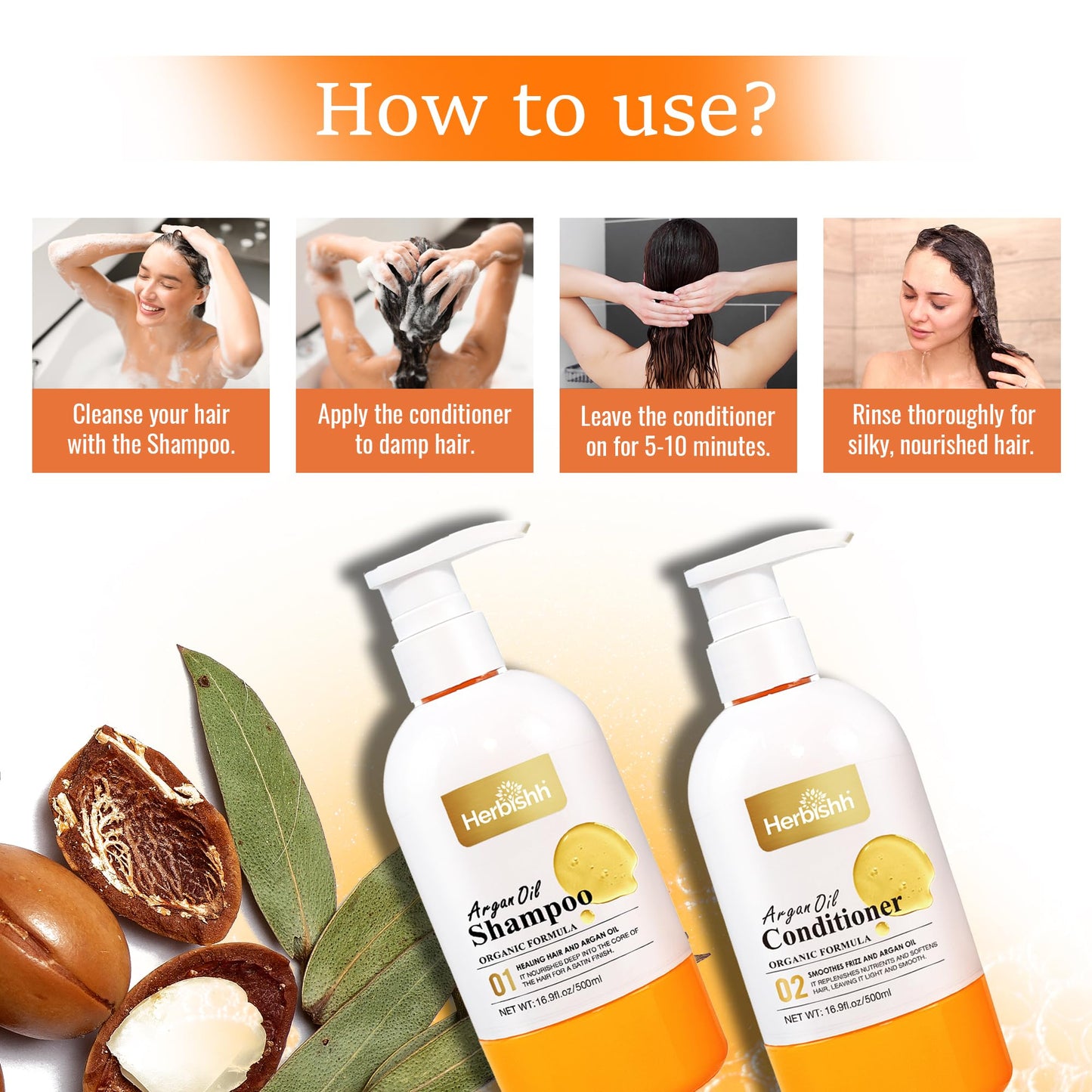 Herbishh Argan Oil Shampoo & Conditioner Set, Deep Cleansing Formula for Dry & Frizzy Hair, Helps Nourish Damaged Color-Treated Hair with Shea Butter, Jojoba & Coconut Oil, 16.9 fl oz Each