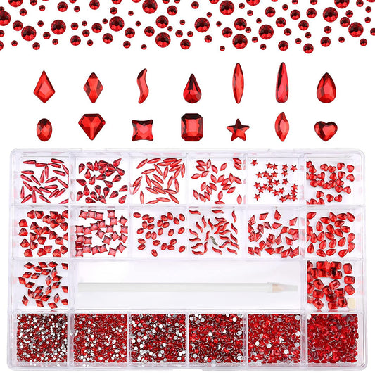 Nibiru 3830Pcs Red Multi Shapes Rhinestones Glass Diamonds Kit for Nail Art Jewels Decoration, Shiny Flatback Mix Size with Wax Pen