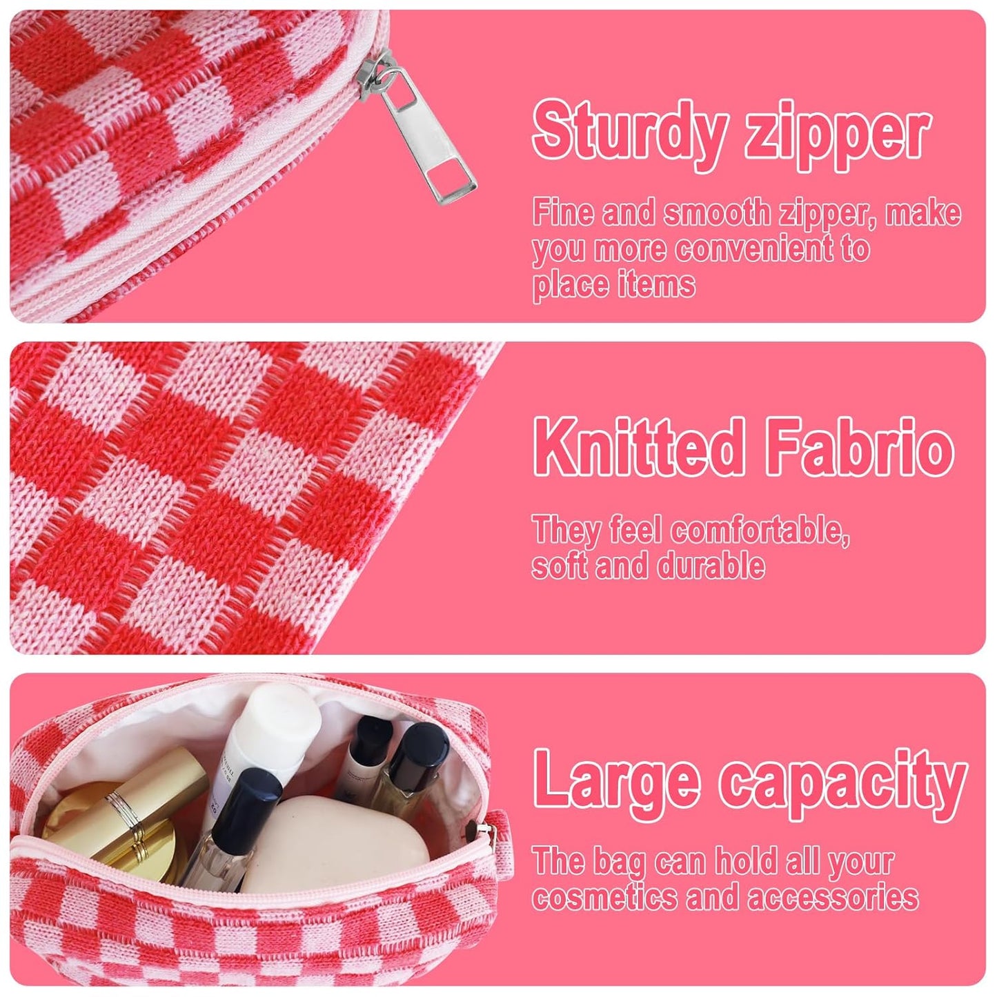 Checkered Pencil Case Set - Cute 6-Piece Pouch for Teens | Pink Medium Makeup & Travel Organizer